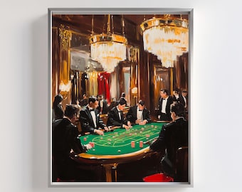 May include: A painting of a group of men playing cards at a green felt table in a dimly lit room with a large chandelier hanging above. The men are wearing suits and ties, and the room is decorated with gold accents.