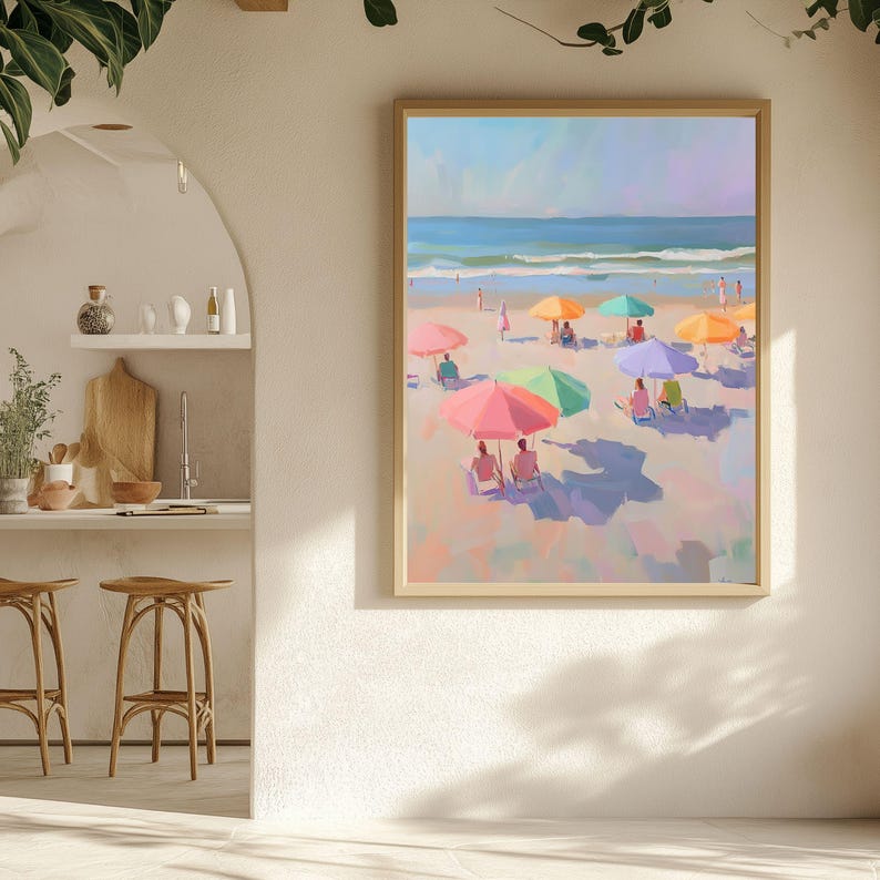May include: A painting of a beach scene with colorful umbrellas and people relaxing on the sand. The ocean is in the background and the sky is blue.