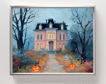 Spooky Haunted House Halloween Kunst: Gothic Mansion mit Kürbissen (Digitaler Download