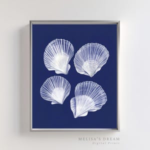 Seashell Wall Art Printable – Scallop Shell Digital Ocean Print for Coastal Bathroom, Nautical Home or Beach House Decor – Navy Blue Sea Art