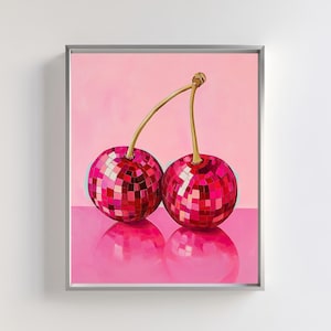 Cherry Disco Ball Art Print - Pink Pop Art Fruit Poster - Retro Glam Wall Decor for Kitchen or Living Room - Digital Download Artwork