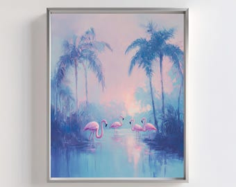 May include: A painting of a tropical scene with pink flamingos standing in a blue lagoon. The background features palm trees and a hazy sky with a pink and purple sunset.