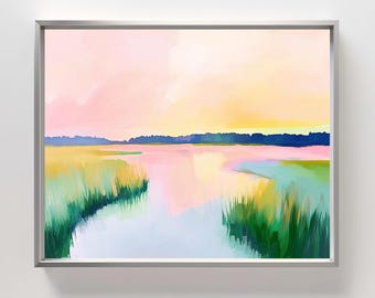 Pastel Marsh Sunset Print: Abstract Lake Scene, Minimalist Decor (Digital Download)