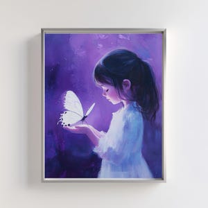 Girl with Butterfly Art Print | Dreamy Purple Decor | Digital Download for Nursery | Whimsical Child Illustration | Enchanted Kids Room Art