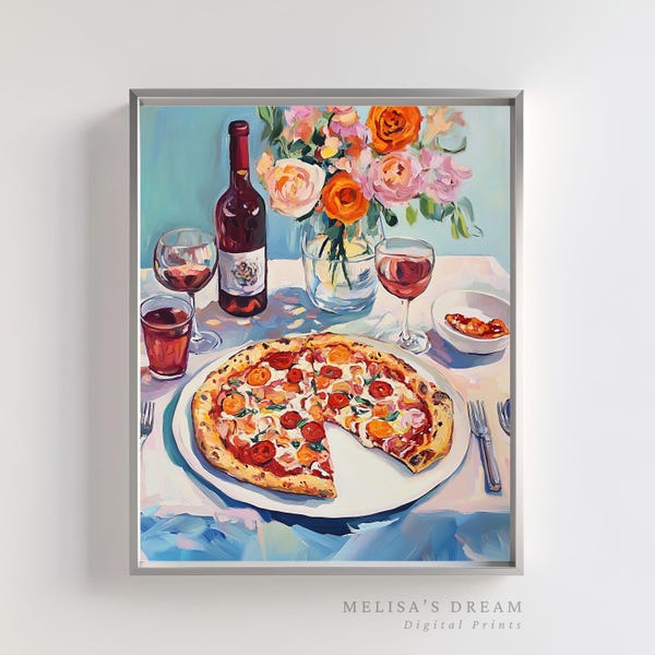 Lámina de cocina "Pizza y vino": Bodegón italiano, arte floral culinario (descarga digital)