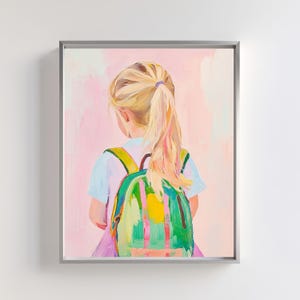 Impresión artística ingeniosa de niñas con mochila / Póster artístico ingenioso para habitación de niños / Descarga digital de arte ilustrativo de niña de escuela / Arte de regreso a clases de niña