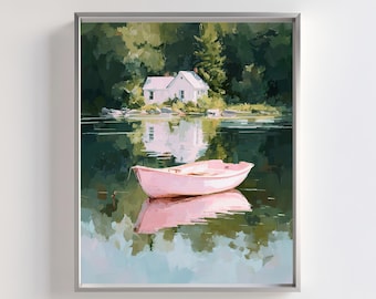 Lake House Print: Pink Rowboat on Calm Lake – Cottagecore Landscape (Digital Download)