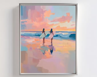 Surfer Girl Beach Wall Art Print | Pastel Sunset Ocean Digital Download | Printable Surf Art Coastal Decor | Feminine Summer Surf Painting