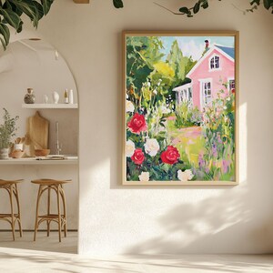 Cottage Garden Art | Pink House With Roses Digital Print | Floral ...