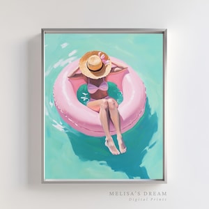 Peut inclure: Une femme portant un bikini rose et un chapeau de paille avec un ruban rose flotte dans une bouée gonflable rose dans une piscine turquoise.