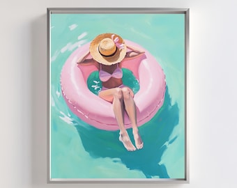 Poolside Woman Art Print: Pink Float, Tropical Decor (Digital Download)