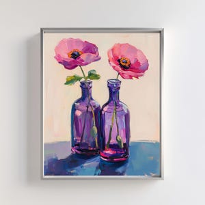 Jarrón de cristal morado caprichoso, pintura única, naturaleza muerta con flores rosas digitales, decoración de pared romántica con flores en tonos pastel para hogares modernos