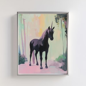 Black Unicorn Art Print | Fantasy Horse Wall Decor | Mystical Pastel Illustration | Enchanted Forest Digital Download | Gothic Unicorn Decor