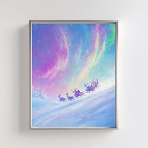 Impressão de arte de trenó de Natal | Decoração de parede de rena e Papai Noel | Pôster do país das maravilhas do inverno | Arte da aurora boreal | Impressão digital de feriado