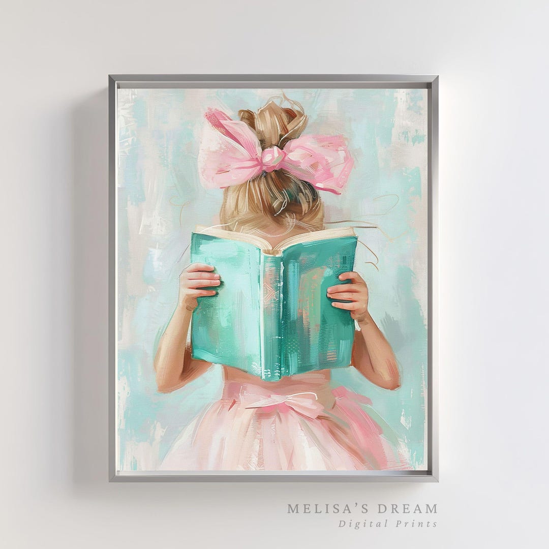 Girl Reading Book Art: Pink Tutu, Pastel Nursery Decor (digital ...