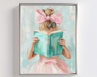 Girl Reading Book Art: Pink Tutu, Pastel Nursery Decor (Digital Download)