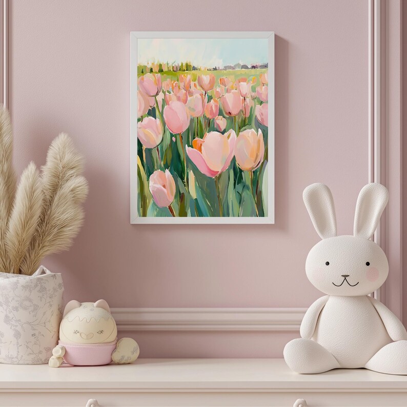 Pink Tulip Field Art Print: Impressionist Floral Landscape (digital ...
