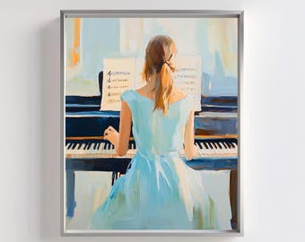 Elegant Woman Playing Piano Art Print: Pastel Music Room Decor (Digital Download)
