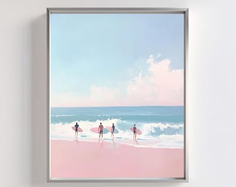 Pastel Surfer Beach Art Print: Pink Surfboards, Ocean Waves (Digital Download)