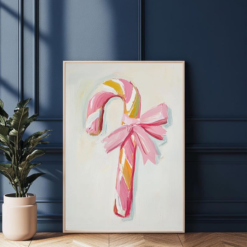 May include: A pink and white striped candy cane with a pink bow. The candy cane is painted in a whimsical style and is set against a white background.