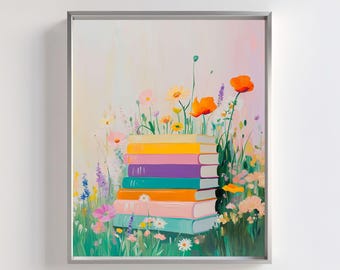 Blumen Bücher Stapel Druck: Cottagecore Bibliothekskunst (Digitaler Download)