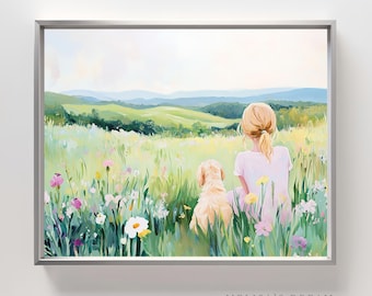 May include: A framed print of a girl and a golden retriever dog sitting in a field of wildflowers, facing a rolling green landscape. The artwork has a soft, painterly style with pastel colors. The text "MELISA'S DREAM Digital Prints" is at the bottom.
