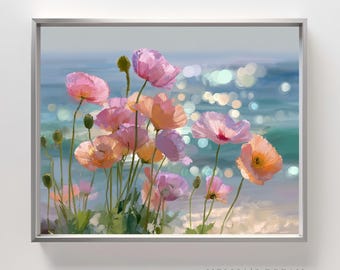 Coastal Poppy Flower Print: Pastel Beach House Wall Art (Digital Download)