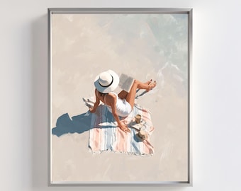 Beach Reading Art Print: Woman in Sunhat, Coastal Summer Decor (Digital Download)