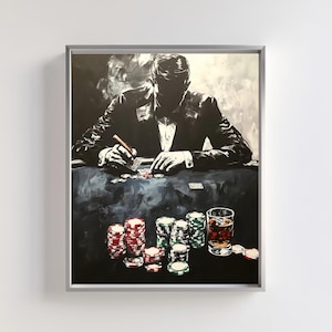 Impression d'art poker | Décoration de casino en noir et blanc | Art masculin pour salle de jeux | Scène de cigares et de whisky | oeuvres d'art pour les amateurs de poker | Décoration à gros enjeux
