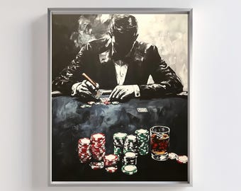 May include: A painting of a man in a suit sitting at a poker table. He is holding a cigar in one hand and a stack of chips in the other. There is a glass of whiskey on the table.
