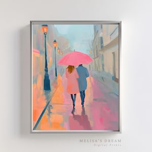 Romantic Rainy Walk Print | Couple Under Umbrella Art | Paris Street Painting | Cozy Love Scene Digital Wall Art | Printable Rainy Day Decor