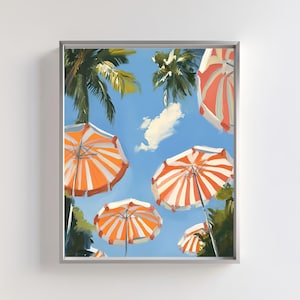 Bring the warmth and vibrancy of summer into your space with this digital artwork featuring striped orange-and-white beach umbrellas under a tropical sky.