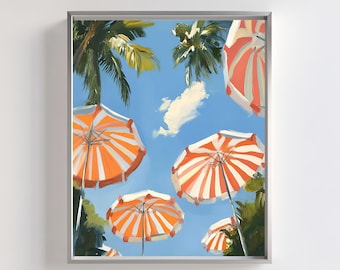 Orange Beach Umbrella Print | Coastal Palm Tree Art (Digital Download)