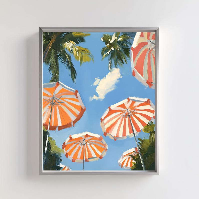 Bring the warmth and vibrancy of summer into your space with this digital artwork featuring striped orange-and-white beach umbrellas under a tropical sky.