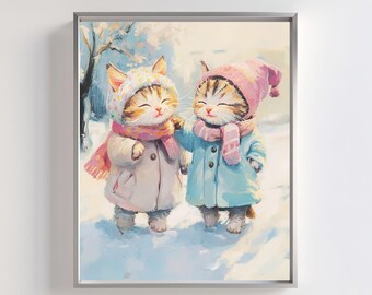 Winter Kittens Art Print: Cozy Snowy Day Illustration (Digital Download)
