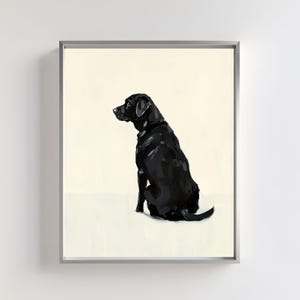 May include: A black Labrador Retriever sits facing away from the viewer, looking to the left. The dog is painted in a realistic style against a white background.