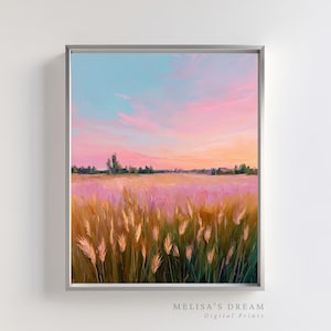 May include: A framed digital print of a field at sunset. The artwork features a vibrant sky with hues of pink, orange, and blue. The foreground shows a field of tall, golden wheat and purple flowers. The text "MELISA'S DREAM Digital Prints" is at the bottom.