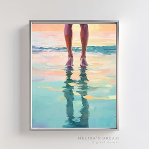 Puede incluir: Una impresión artística enmarcada representa a una persona de pie en aguas poco profundas en la playa. La obra de arte presenta una paleta colorida de azules, rosas y naranjas, con las piernas y los pies de la persona visibles. El agua refleja la forma de la persona. El texto "MELISA'S DREAM Digital Prints" está en la parte inferior.