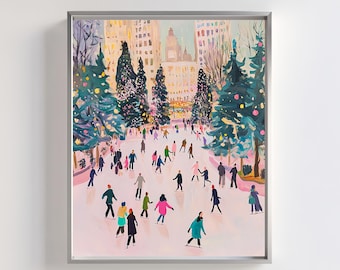 May include: A painting of a winter scene with people ice skating in a park. The park is decorated with Christmas trees and there are buildings in the background. The painting is done in a colorful style with a pink, blue, and green color scheme.