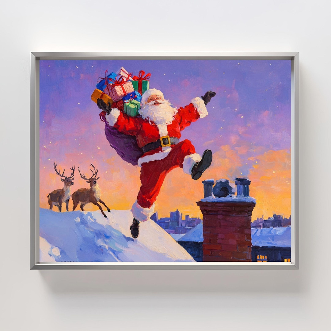 Santa Rooftop Template Santa Claus Rooftop Print: Christmas Eve Scene With Reindeer (digital ...