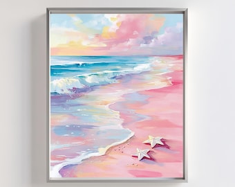 Pink Pastel Beach Print | Coastal Sunset with Starfish (Digital Download)