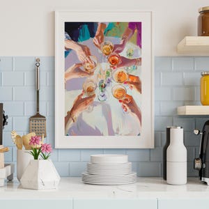 May include: A painting depicting a group of people raising their glasses in a toast. The glasses are filled with a pale pink liquid. The people are wearing colourful clothing and are seated around a white table.