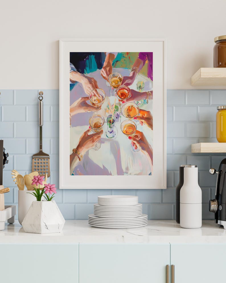 May include: A painting depicting a group of people raising their glasses in a toast. The glasses are filled with a pale pink liquid. The people are wearing colourful clothing and are seated around a white table.