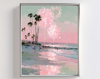 Beach Fireworks Painting | Pink Pastel Palm Tree Sunset (Digital Printable)