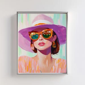 シックな肖像画アートワーク | 帽子とサングラスのモダンファッションウォールアート | 鮮やかな女性らしい装飾 | 印刷可能なデジタルグラマーイラスト