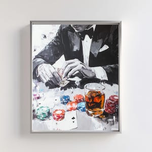 Casino Art Print | Tuxedo Poker Player | Whiskey and Cards Decor | Gambling Scene | Man Cave Wall Art | Sophisticated Black and White Casino
