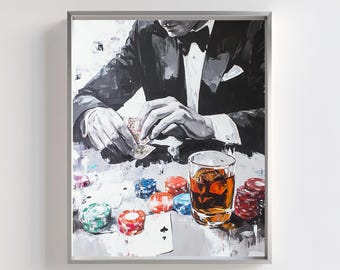 May include: Monochromatic painting of a person in a tuxedo playing poker. The artwork features a glass of amber liquid with ice, poker chips, and playing cards. The painting is framed in a silver frame.