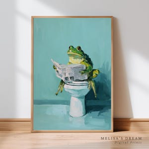 Funny Frog Bathroom Wall Art Printable | Quirky Frog on Toilet Reading Newspaper | Funny Bathroom Digital Download Poster for Home Decor