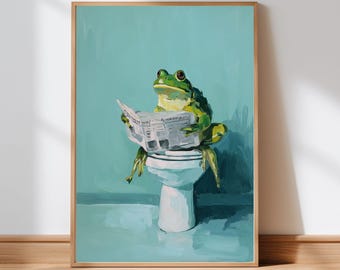 Funny Frog Bathroom Print: Quirky Toilet Newspaper Art (Digital Download)