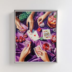 Casino Wall Art | Poker Night Decor | Glamorous Gambling Digital Print | Playing Cards, Red Dice & Chips Art for Vegas Style Party Decor